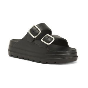 J Slides Black Sandals with Silver Buckles
